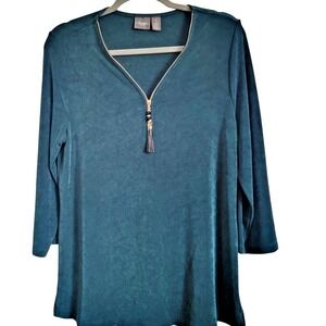Chico's Travelers 1 Part Zip Liquid Top Emerald Green Long Sleeves Beaded Tassle